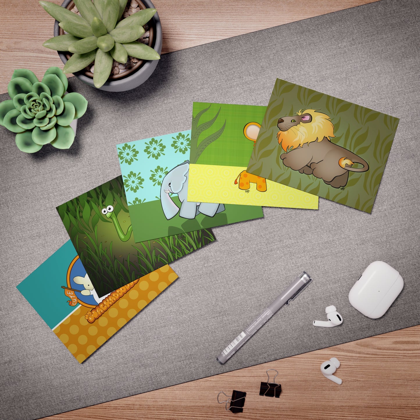 African Savanna Cartoon Art Greeting Cards - Set of 5
