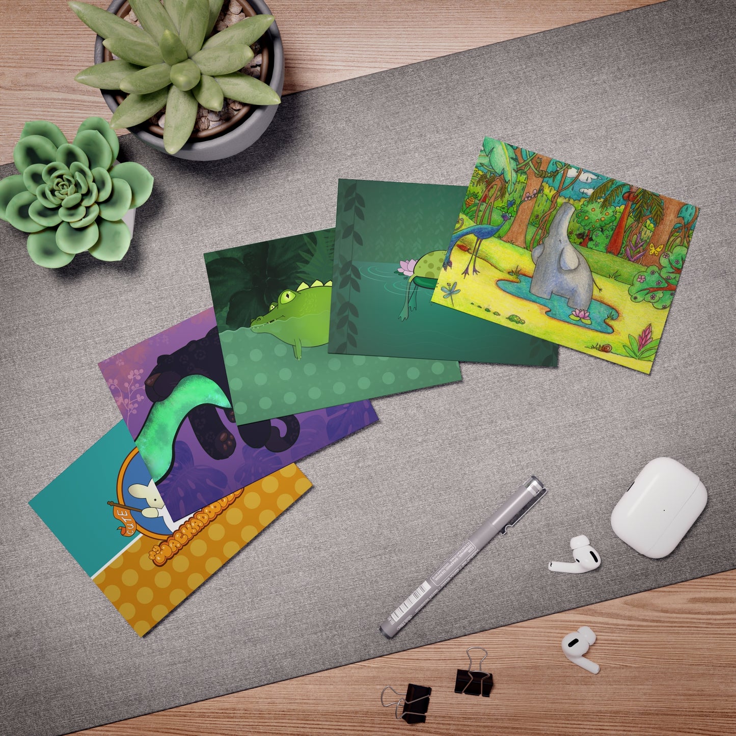 Jungle Swamp Cartoon Art Greeting Cards - Set of 5