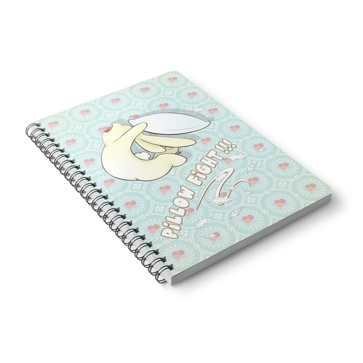 BUNNY PILLOW FIGHT Cartoon Notebook – 150 lined pages A5 Wirobound Softcover