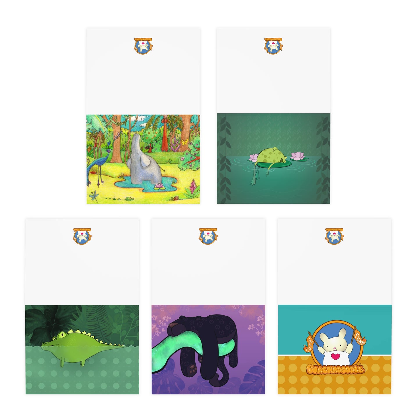 Jungle Swamp Cartoon Art Greeting Cards - Set of 5