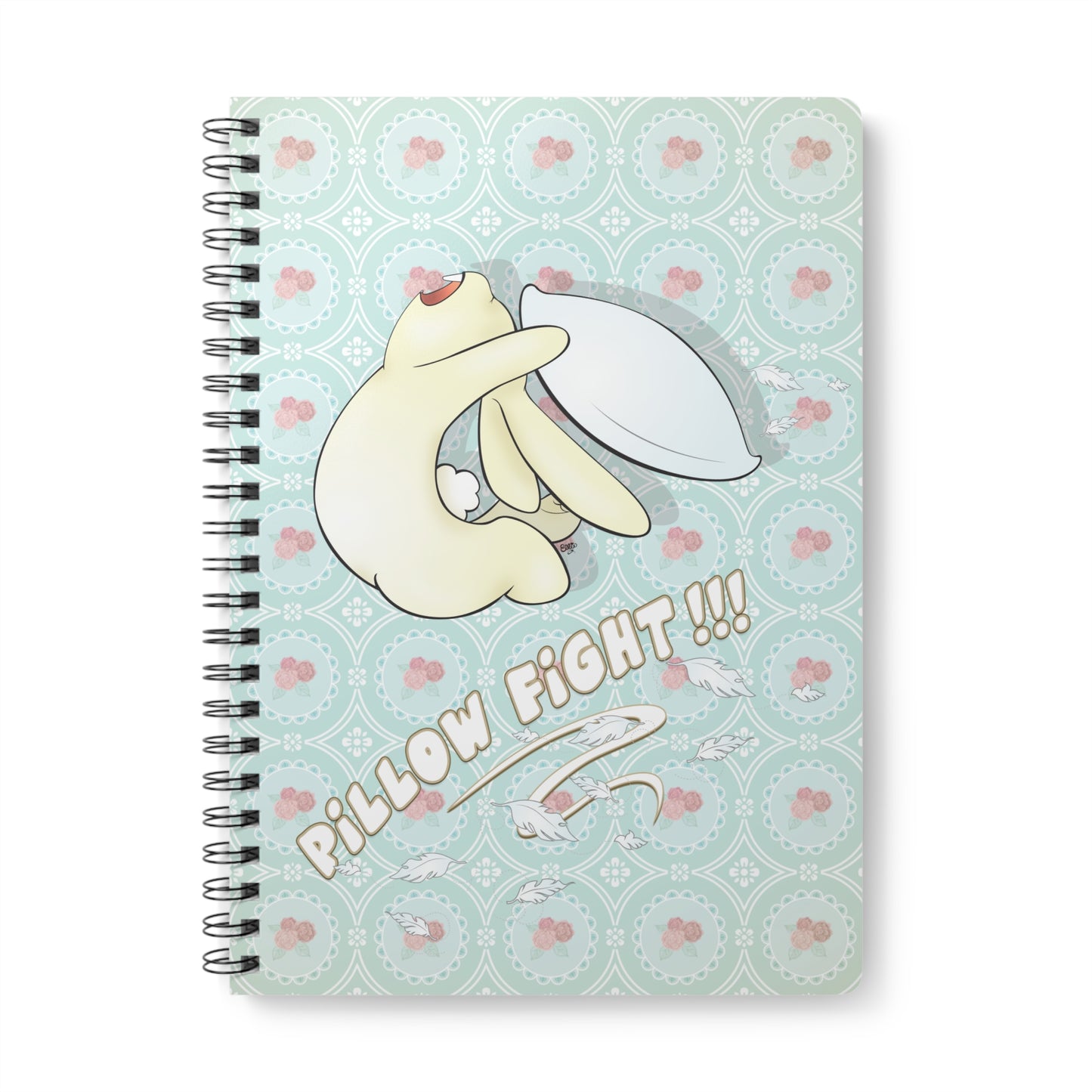 BUNNY PILLOW FIGHT Cartoon Notebook – 150 lined pages A5 Wirobound Softcover