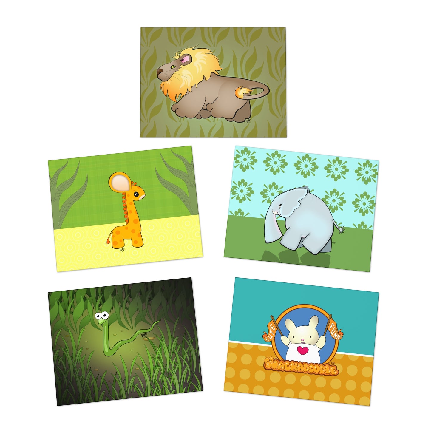 African Savanna Cartoon Art Greeting Cards - Set of 5