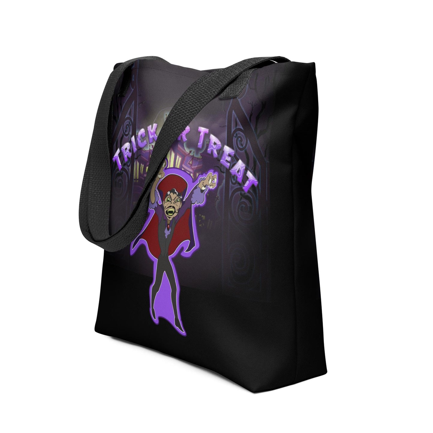 Kids Halloween Trick or Treat Tote Bag w Cartoon Vampire & Haunted House w words 'Trick or Treat' Gift for Kids to go Trick-or-Treating (2)