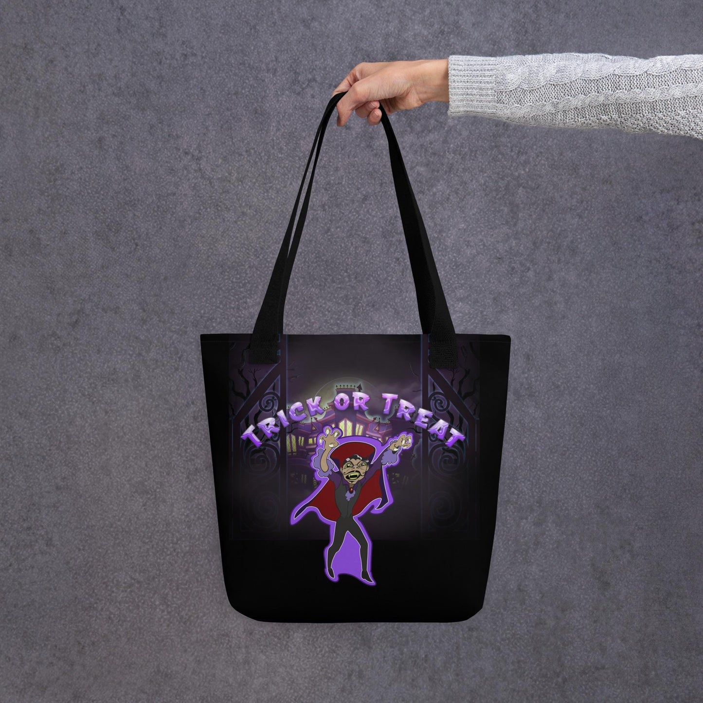 Kids Halloween Trick or Treat Tote Bag w Cartoon Vampire & Haunted House w words 'Trick or Treat' Gift for Kids to go Trick-or-Treating (2)