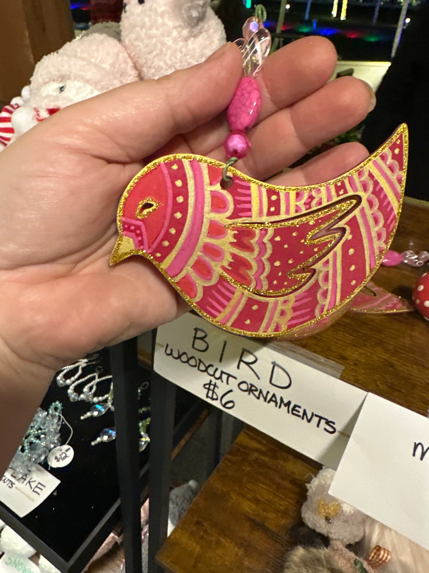 Bird Hand-Painted Woodcut Christmas Ornament