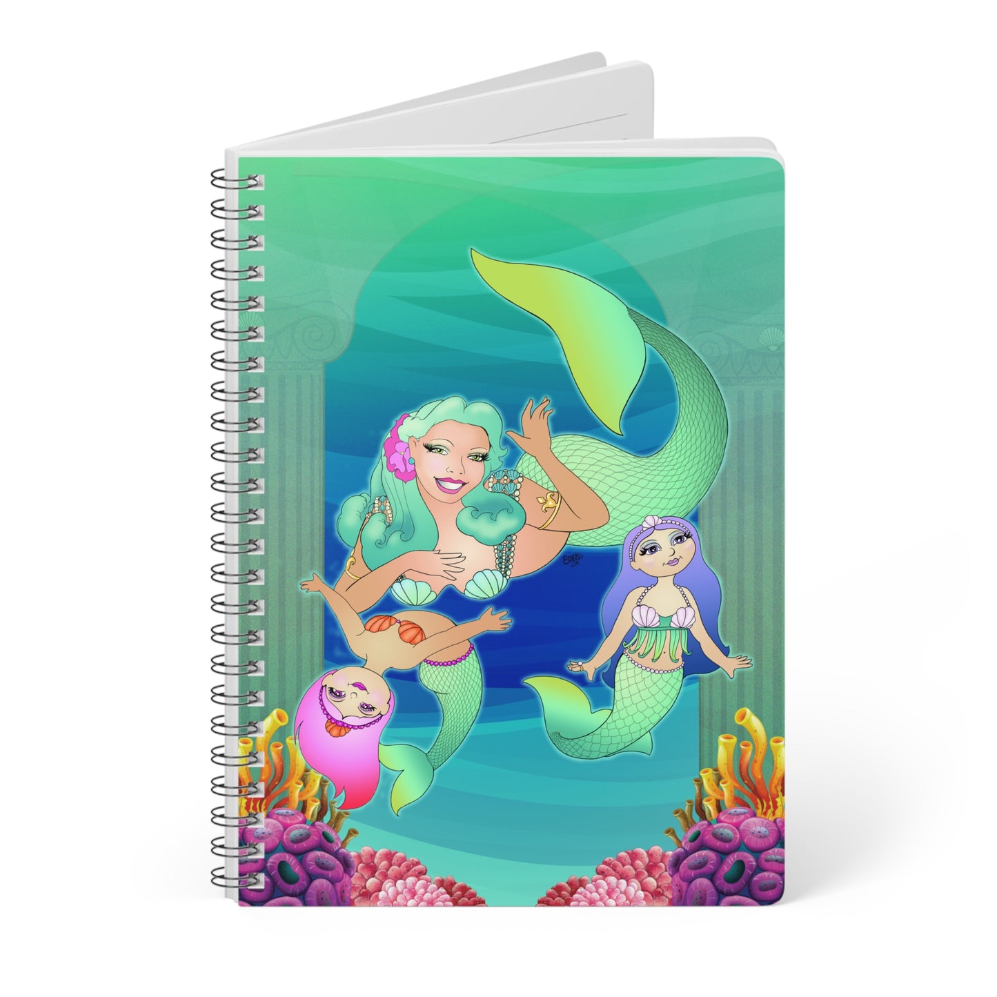 MERMAID MOMMY AND DAUGHTERS Cartoon Notebook – 150 lined pages A5 Wirobound Softcover