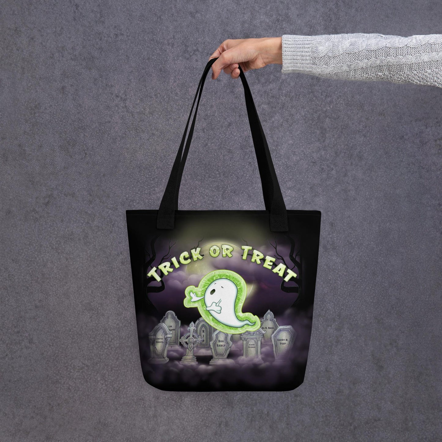 Kids Halloween Trick or Treat Tote Bag w Cute Ghost in Cemetery Graveyard & words 'Trick or Treat' Gift for Kids to go Trick-or-Treating (4)