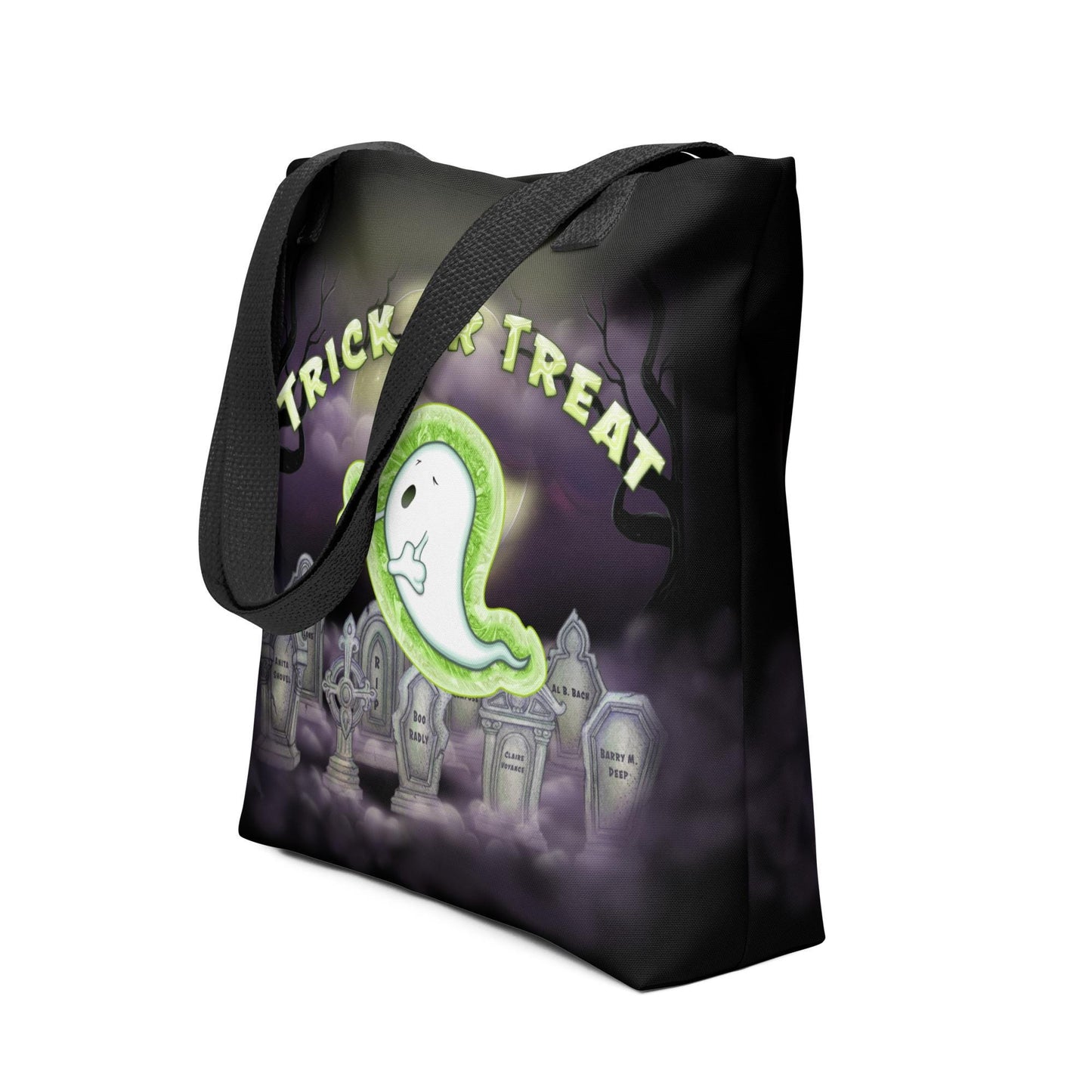 Kids Halloween Trick or Treat Tote Bag w Cute Ghost in Cemetery Graveyard & words 'Trick or Treat' Gift for Kids to go Trick-or-Treating (4)