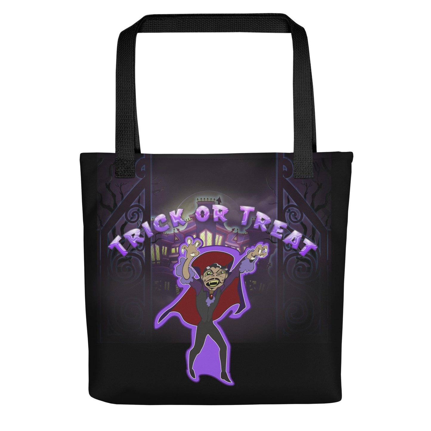 Kids Halloween Trick or Treat Tote Bag w Cartoon Vampire & Haunted House w words 'Trick or Treat' Gift for Kids to go Trick-or-Treating (2)