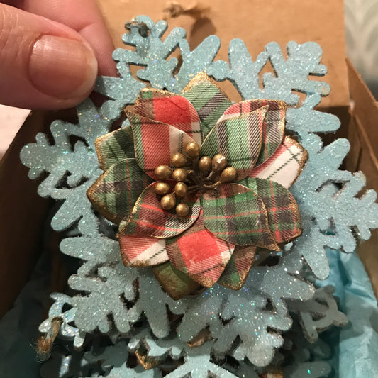 Light Powder Blue wooden Snowflakes with Pink and Sage Plaid Flower Centerpieces