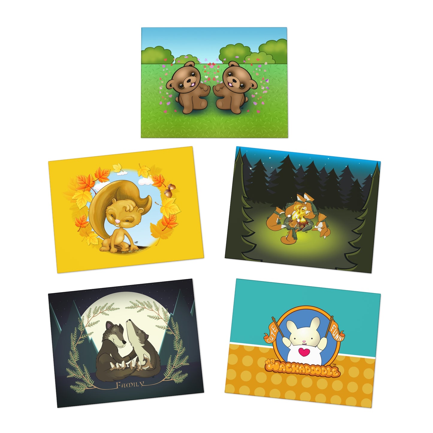 Forest Friends Cartoon Art Greeting Cards - Set of 5