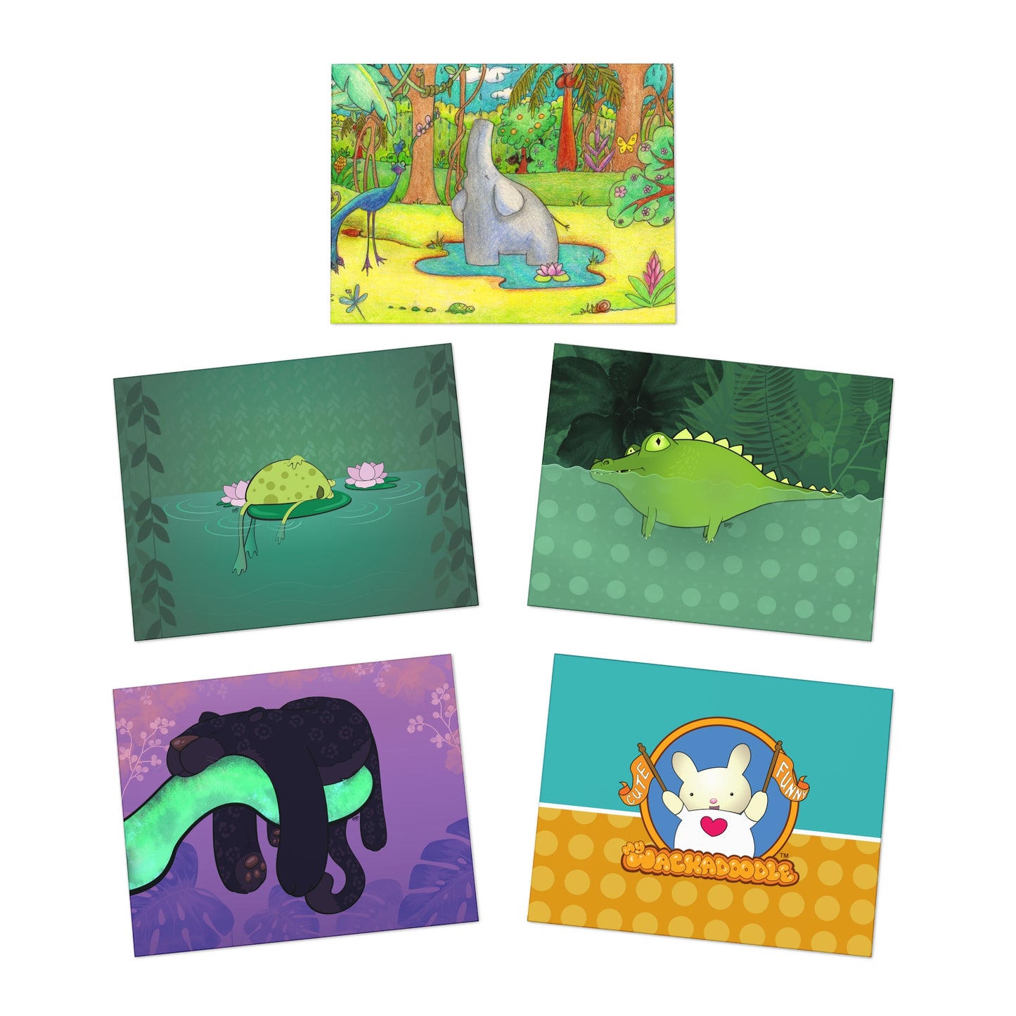 Jungle Swamp Cartoon Art Greeting Cards - Set of 5