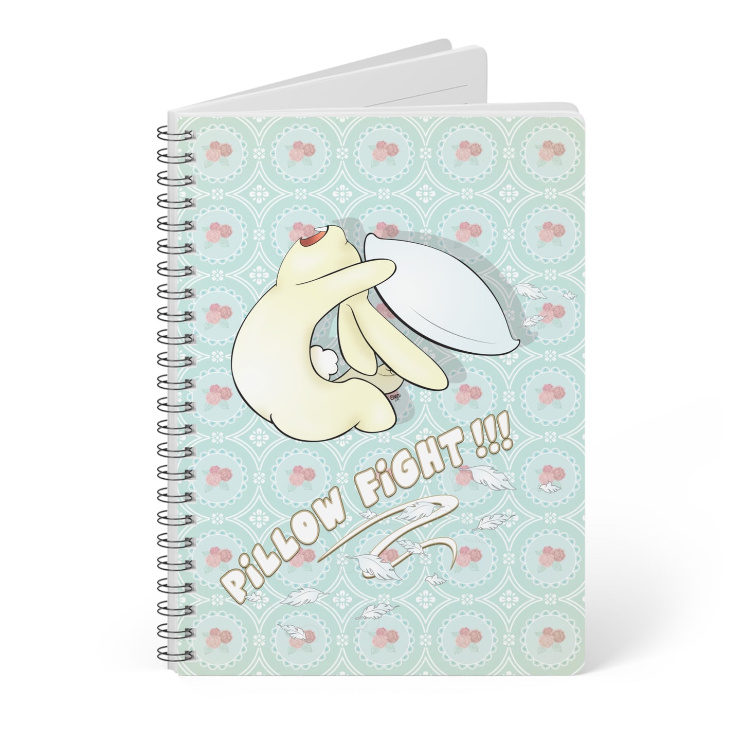 BUNNY PILLOW FIGHT Cartoon Notebook – 150 lined pages A5 Wirobound Softcover