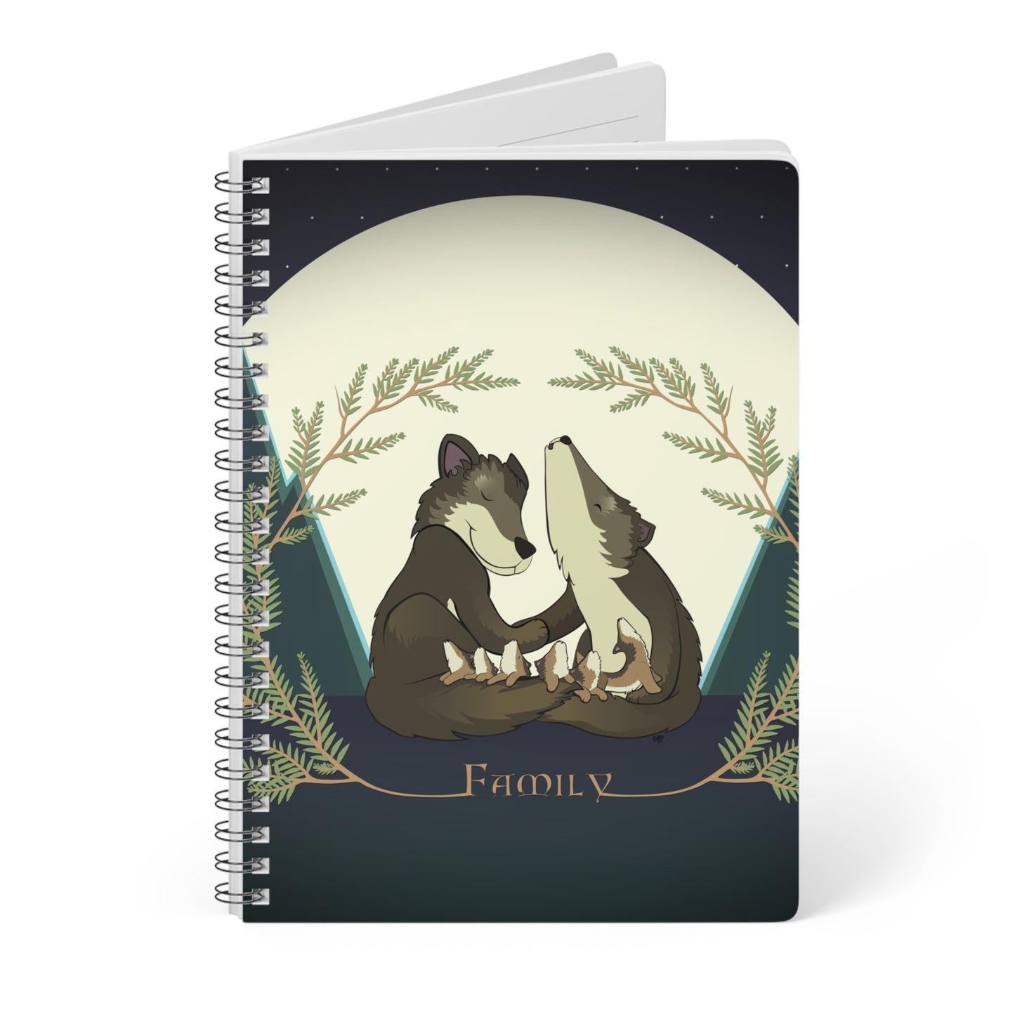 WOLF FAMILY AND THE FIRST AWOO Cartoon Notebook – 150 lined pages A5 Wirobound Softcover