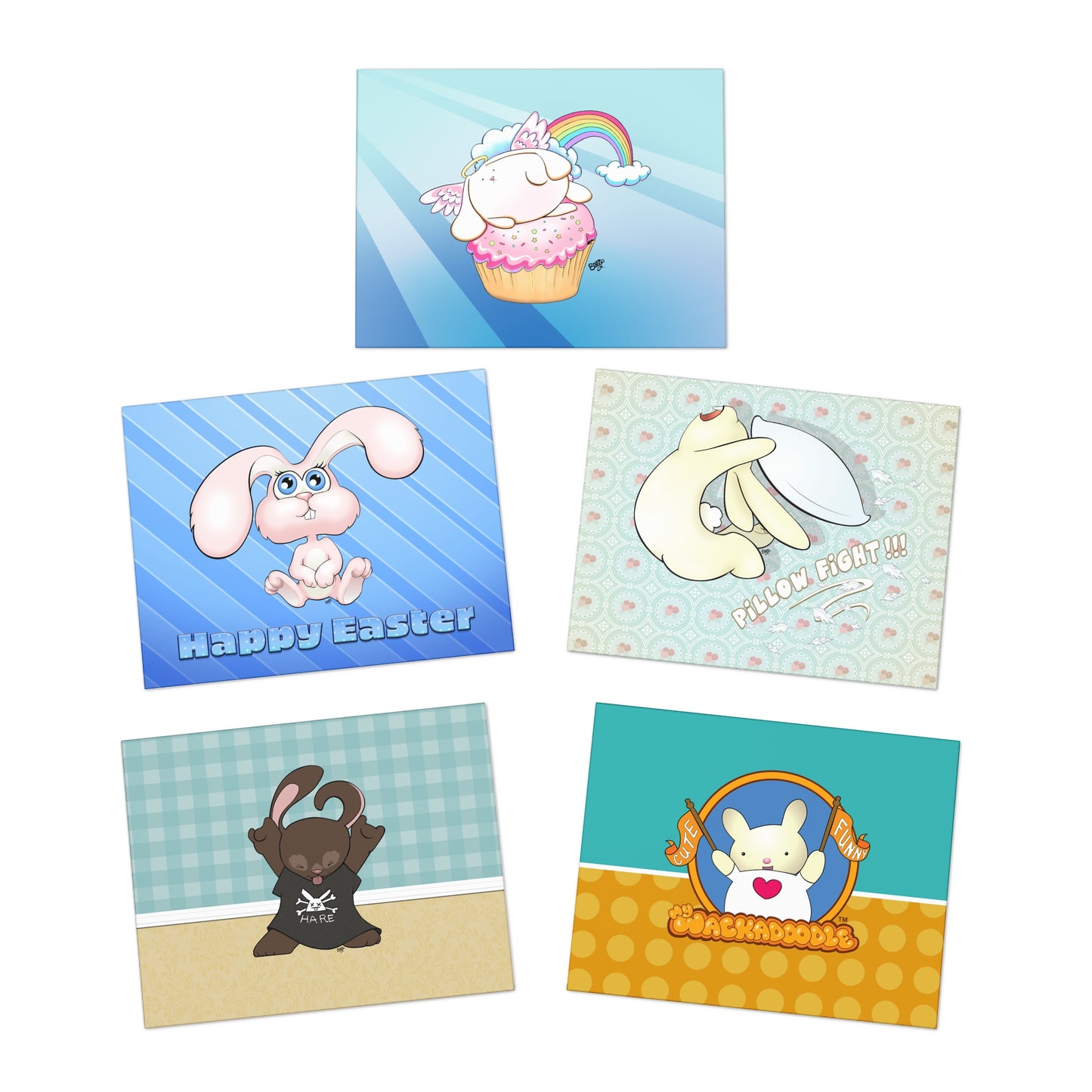 Fluffy Bunnies Cartoon Art Greeting Cards - Set of 5