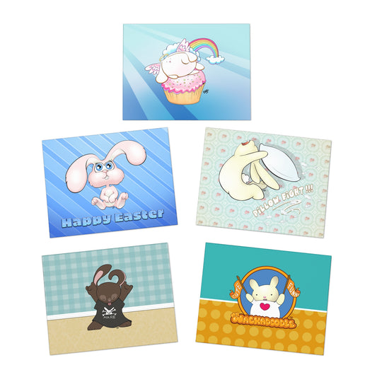 Fluffy Bunnies Cartoon Art Greeting Cards - Set of 5