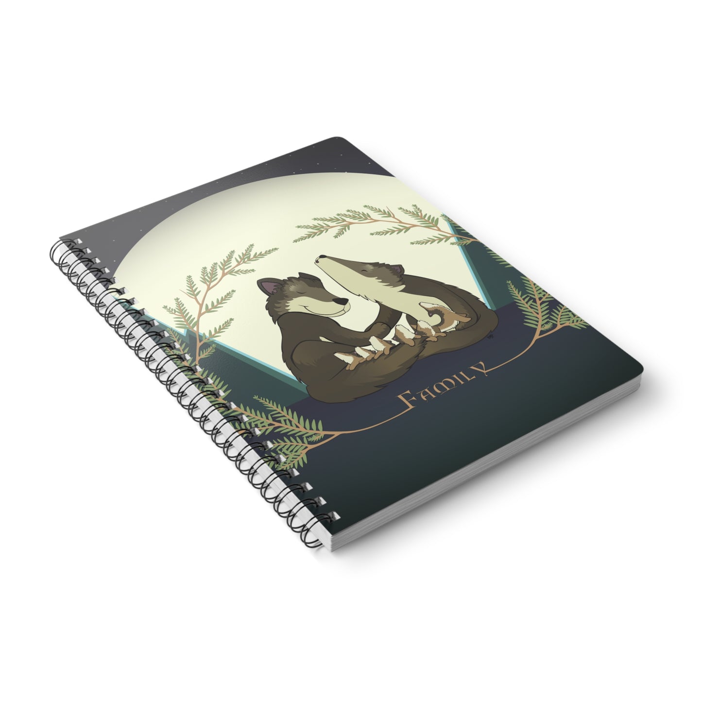 WOLF FAMILY AND THE FIRST AWOO Cartoon Notebook – 150 lined pages A5 Wirobound Softcover