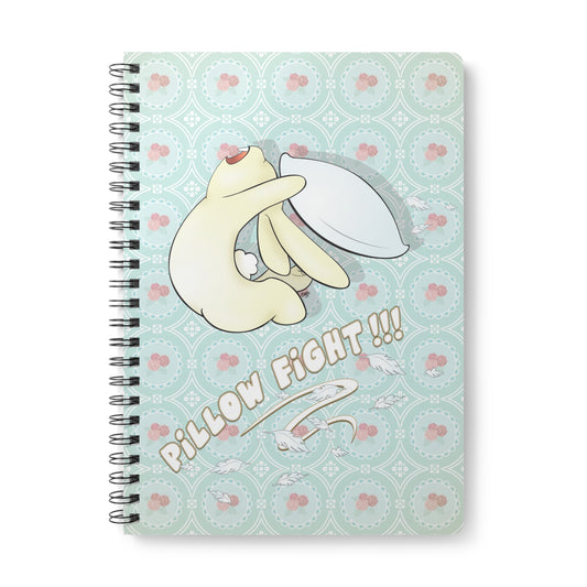 BUNNY PILLOW FIGHT Cartoon Notebook – 150 lined pages A5 Wirobound Softcover