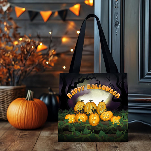Kids Halloween Trick or Treat Tote Bag w Cute Jack O Lantern Pumpkins with words 'Happy Halloween' Gift for Kids to go Trick-or-Treating