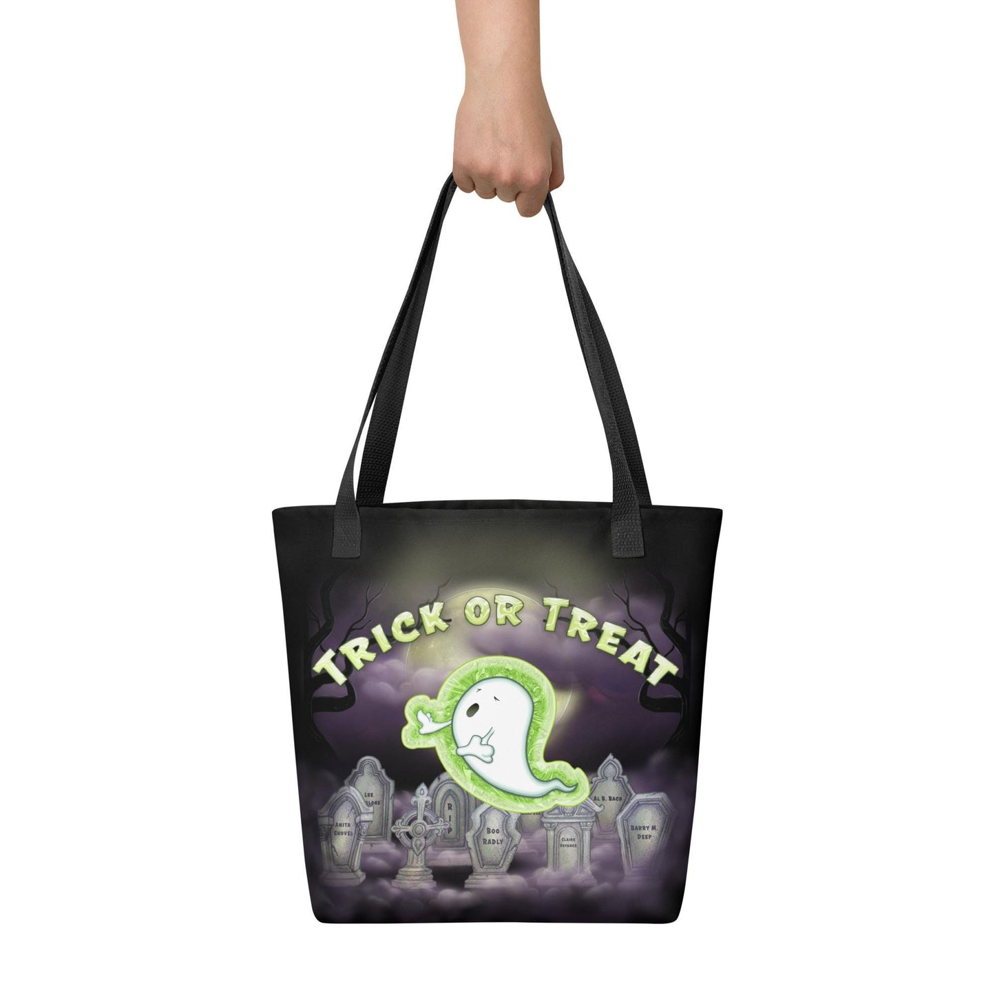 Kids Halloween Trick or Treat Tote Bag w Cute Ghost in Cemetery Graveyard & words 'Trick or Treat' Gift for Kids to go Trick-or-Treating (4)