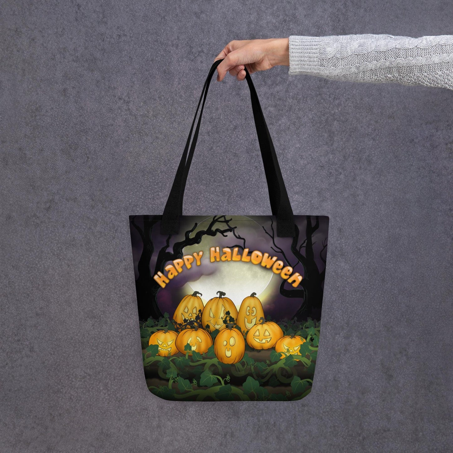 Kids Halloween Trick or Treat Tote Bag w Cute Jack O Lantern Pumpkins with words 'Happy Halloween' Gift for Kids to go Trick-or-Treating
