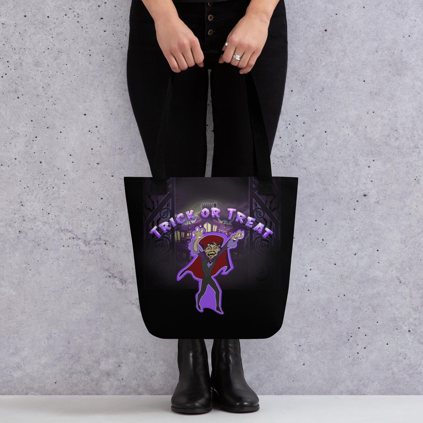 Kids Halloween Trick or Treat Tote Bag w Cartoon Vampire & Haunted House w words 'Trick or Treat' Gift for Kids to go Trick-or-Treating (2)