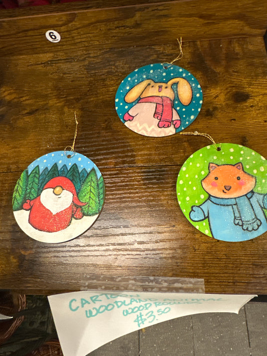 Cartoon Woodland Animal Wood Round Christmas Ornaments