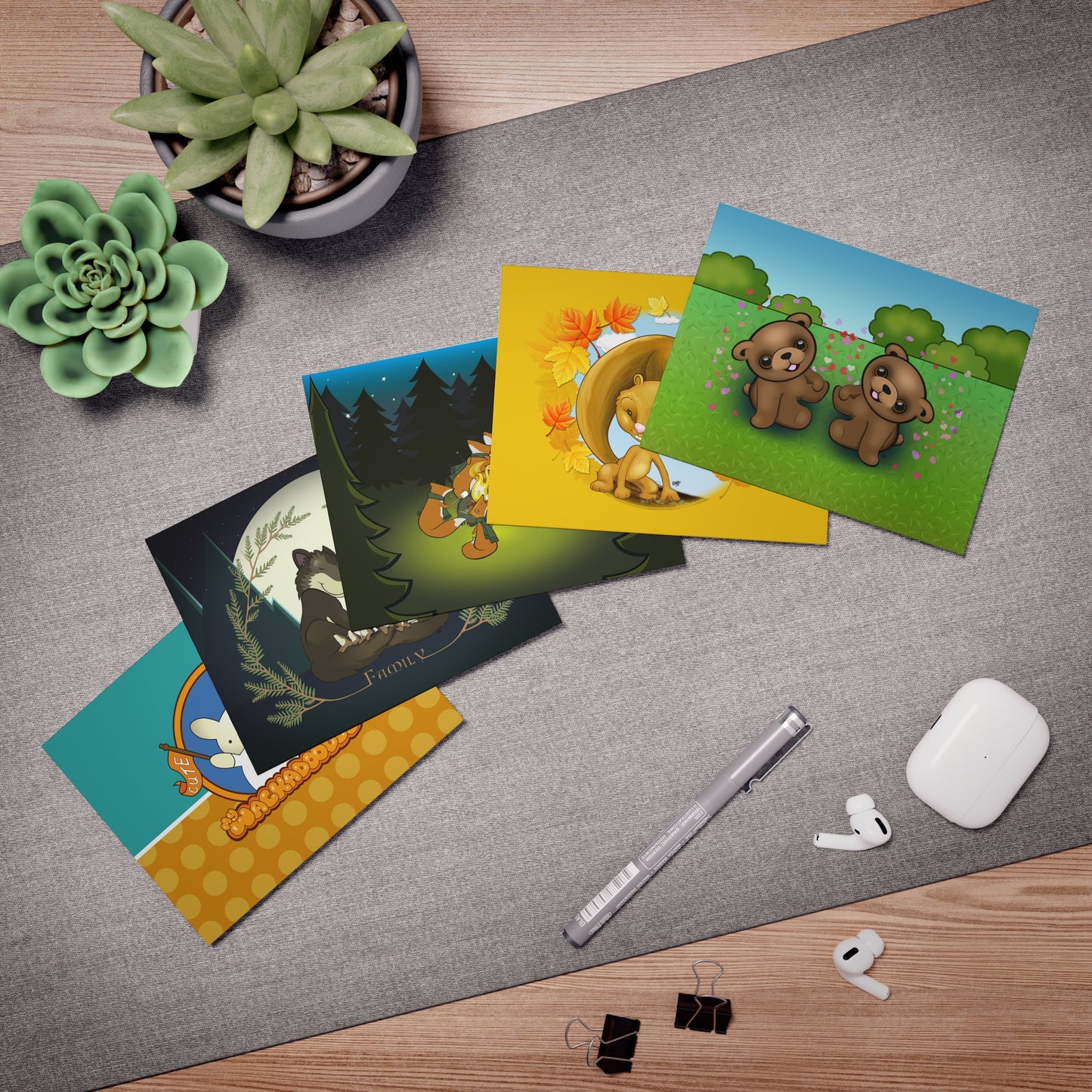 Forest Friends Cartoon Art Greeting Cards - Set of 5