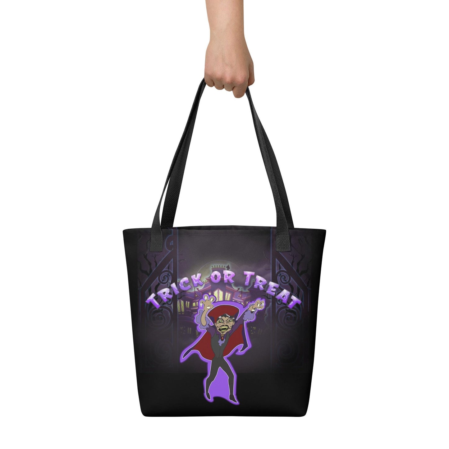 Kids Halloween Trick or Treat Tote Bag w Cartoon Vampire & Haunted House w words 'Trick or Treat' Gift for Kids to go Trick-or-Treating (2)