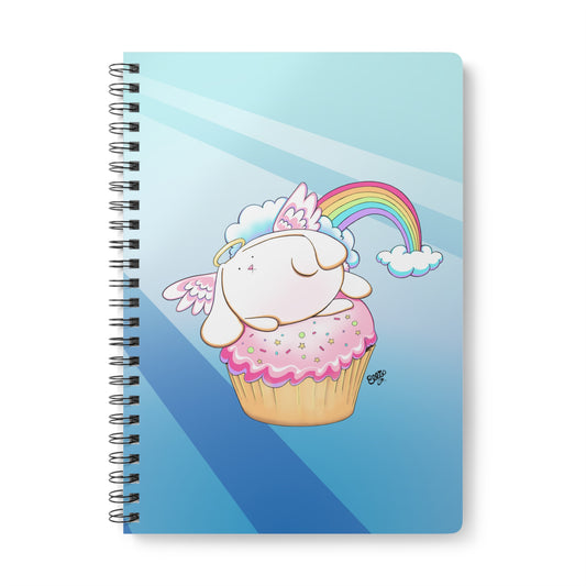 ANGEL BUNNY RIDING A CUPCAKE Cartoon Notebook – 150 lined pages A5 Wirobound Softcover