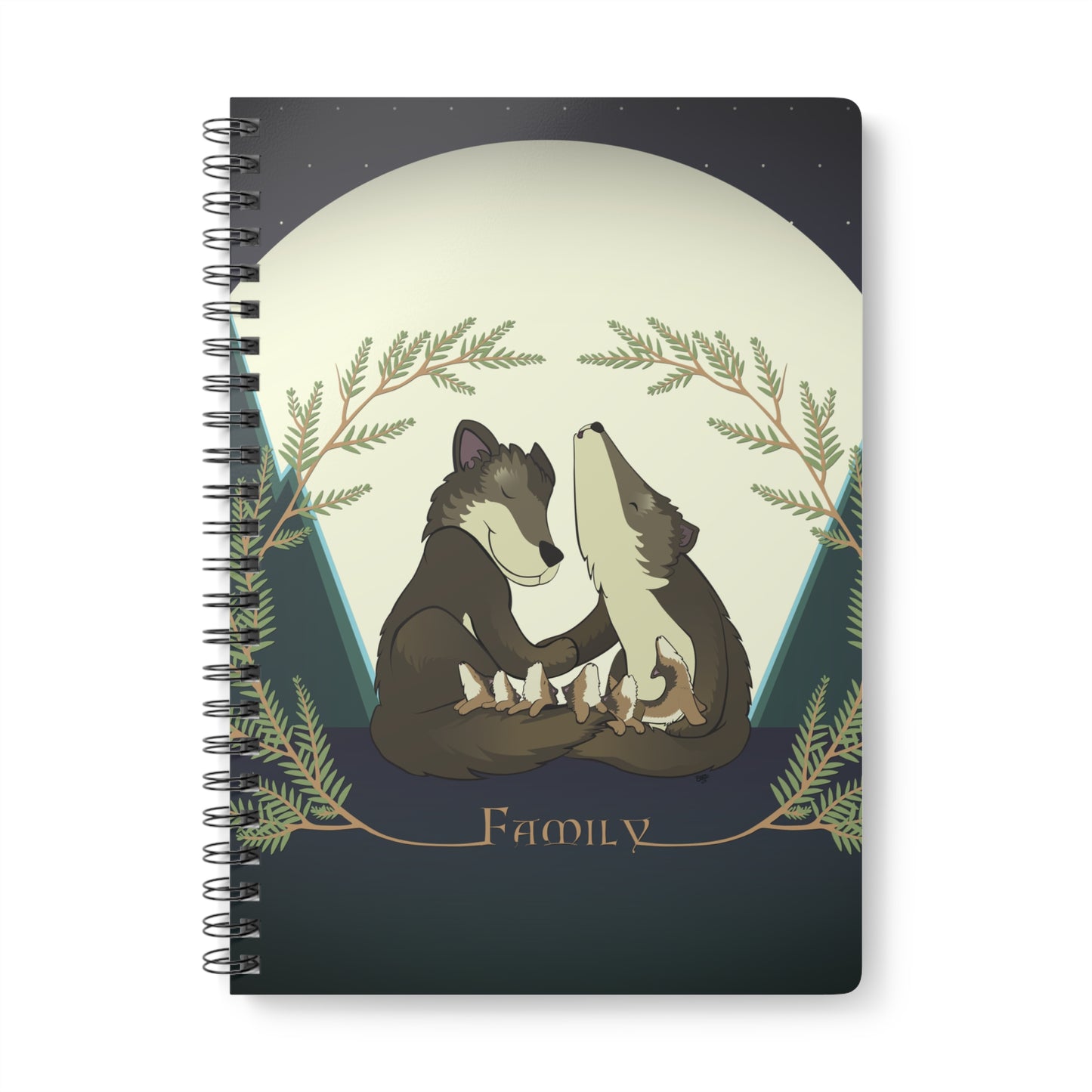 WOLF FAMILY AND THE FIRST AWOO Cartoon Notebook – 150 lined pages A5 Wirobound Softcover