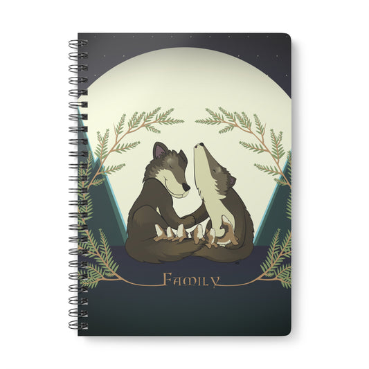 WOLF FAMILY AND THE FIRST AWOO Cartoon Notebook – 150 lined pages A5 Wirobound Softcover