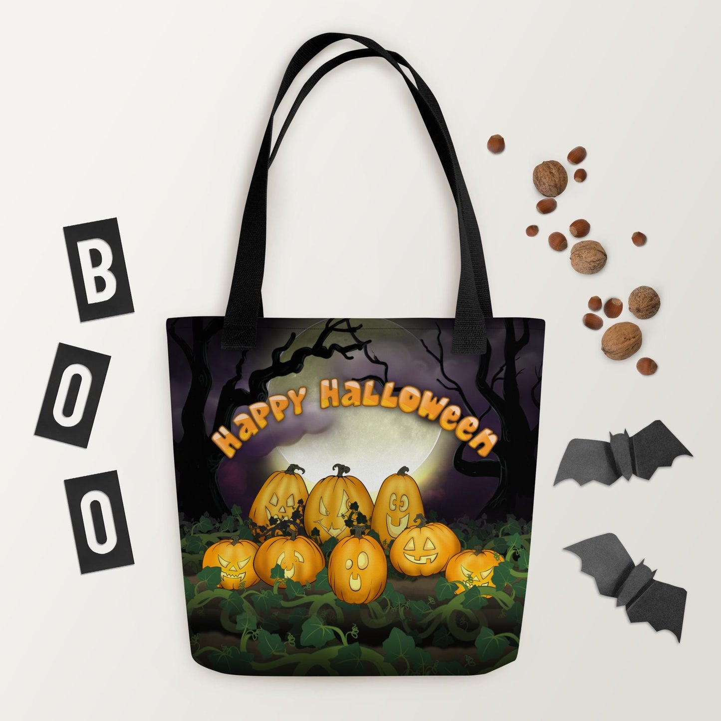 Kids Halloween Trick or Treat Tote Bag w Cute Jack O Lantern Pumpkins with words 'Happy Halloween' Gift for Kids to go Trick-or-Treating