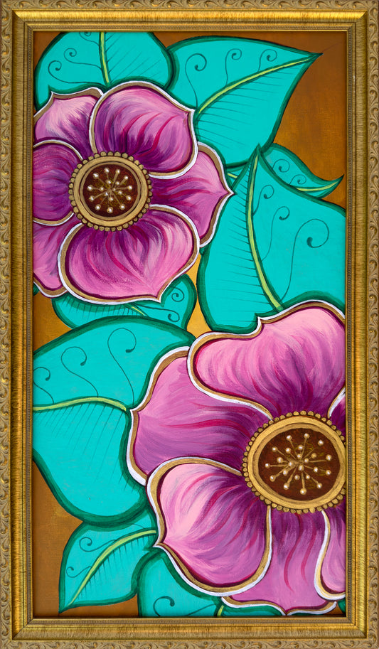 'Pink, Teal and Gold Stylized Hibiscus' Fine Art Painting