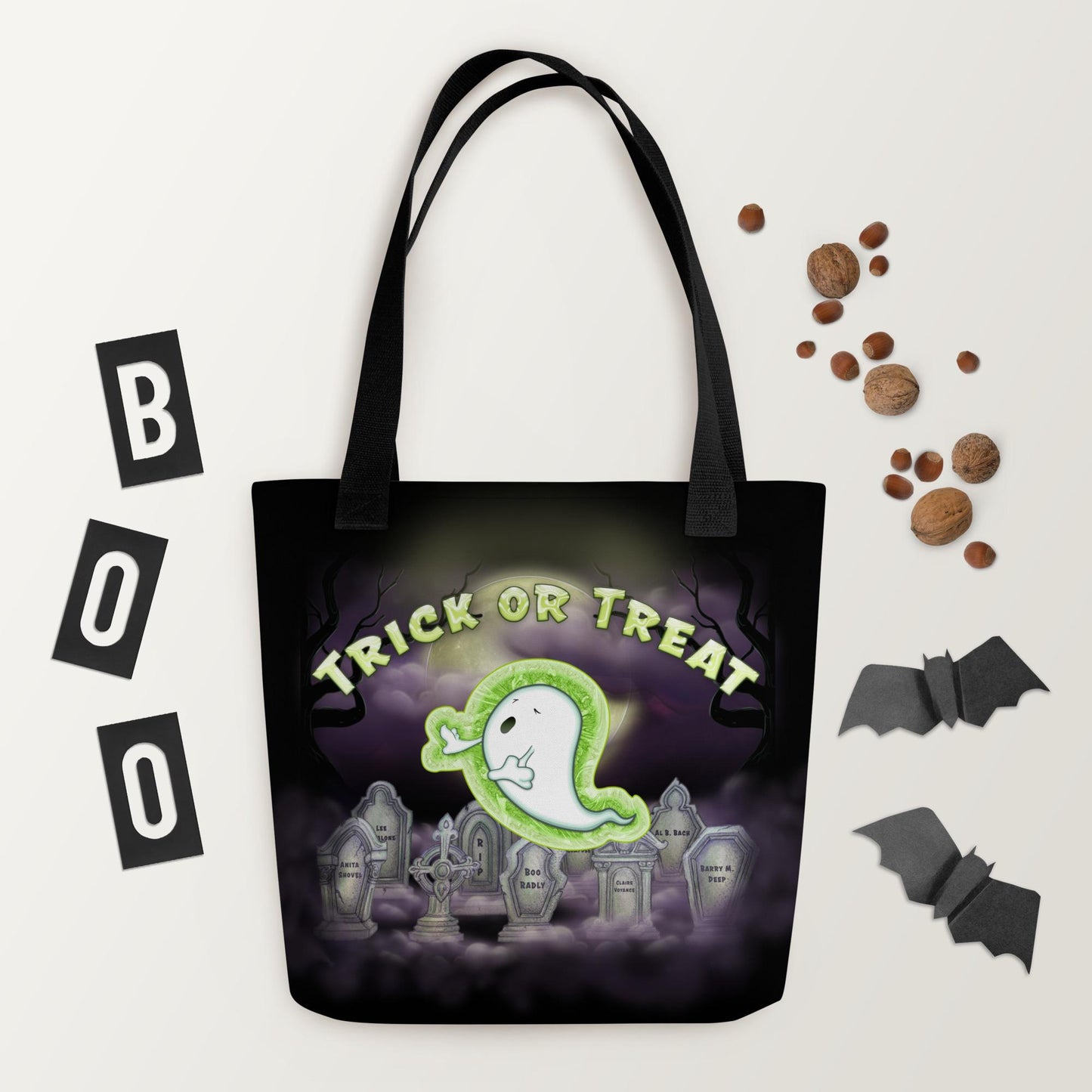 Kids Halloween Trick or Treat Tote Bag w Cute Ghost in Cemetery Graveyard & words 'Trick or Treat' Gift for Kids to go Trick-or-Treating (4)