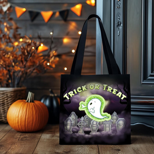 Kids Halloween Trick or Treat Tote Bag w Cute Ghost in Cemetery Graveyard & words 'Trick or Treat' Gift for Kids to go Trick-or-Treating (4)
