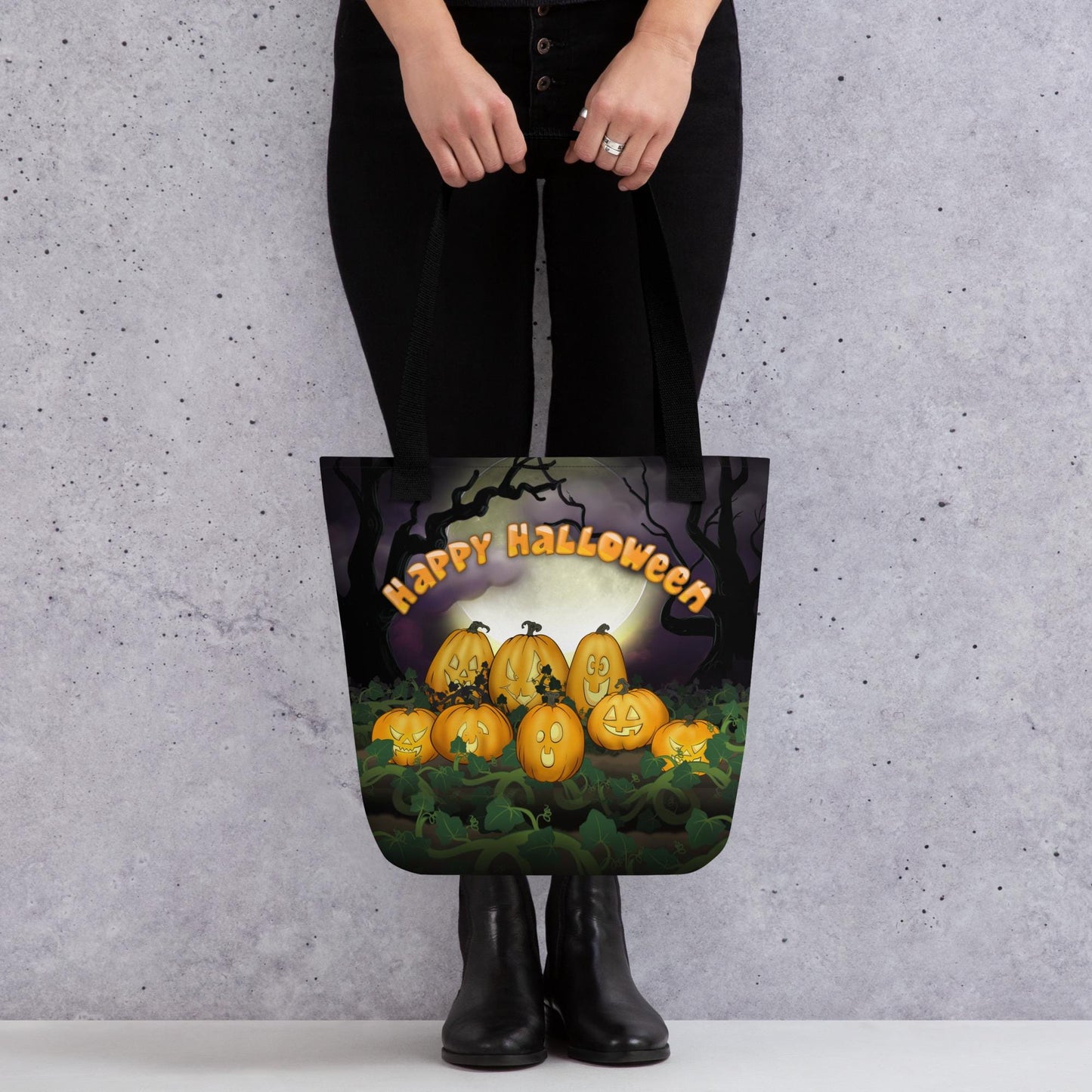 Kids Halloween Trick or Treat Tote Bag w Cute Jack O Lantern Pumpkins with words 'Happy Halloween' Gift for Kids to go Trick-or-Treating