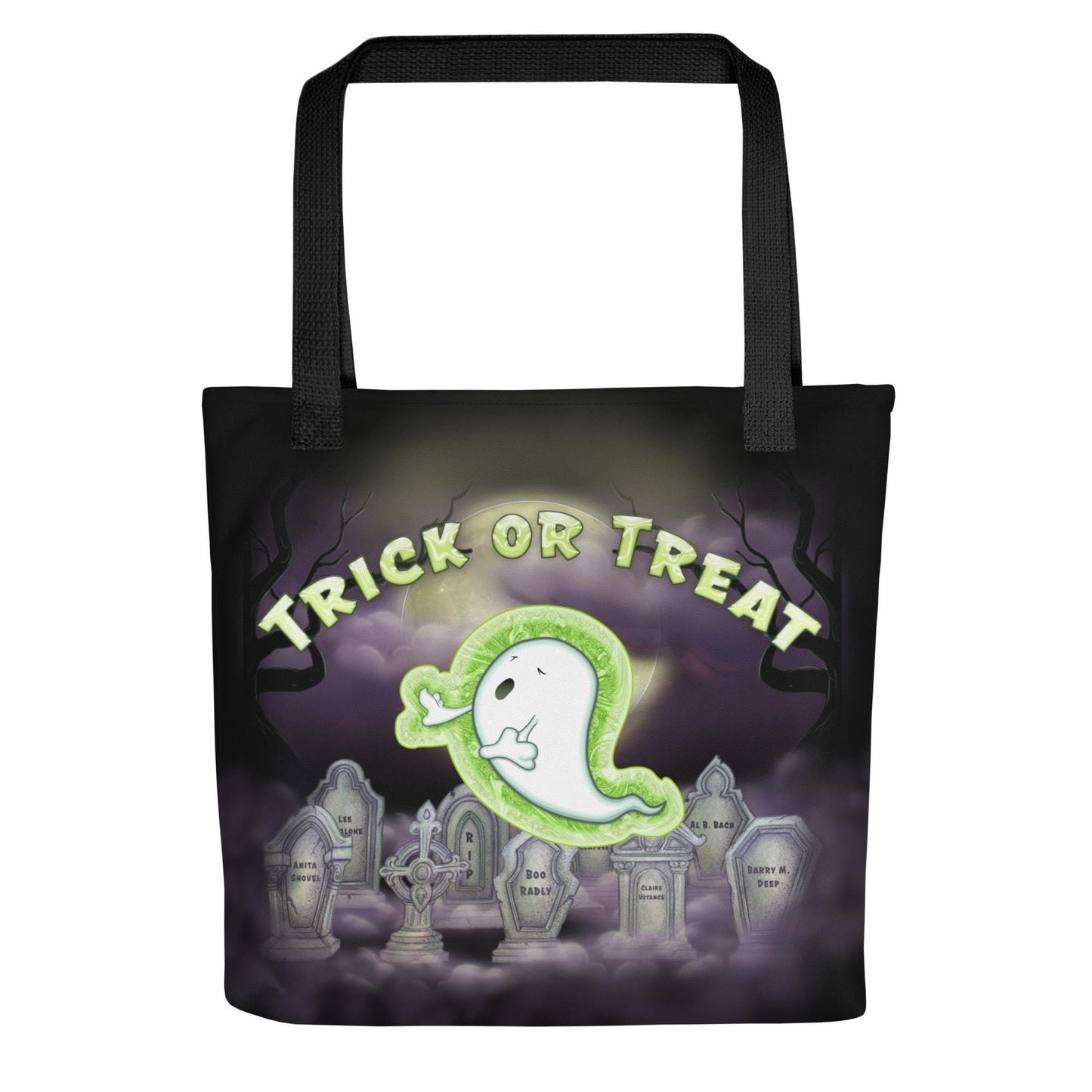 Kids Halloween Trick or Treat Tote Bag w Cute Ghost in Cemetery Graveyard & words 'Trick or Treat' Gift for Kids to go Trick-or-Treating (4)