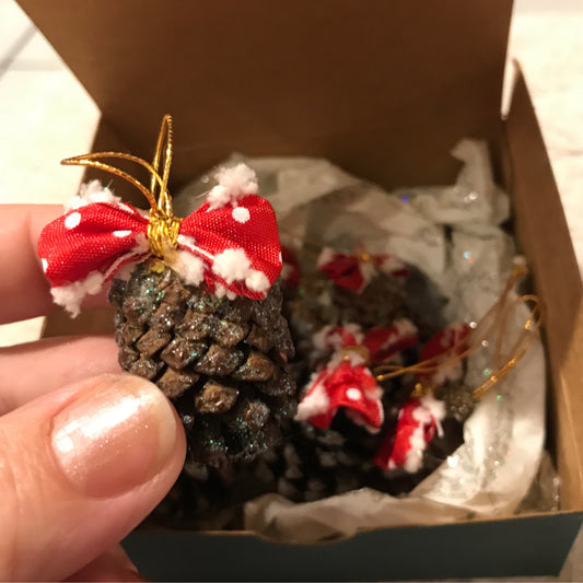 Baby Pinecones with Red with White Polka Dot Bows
