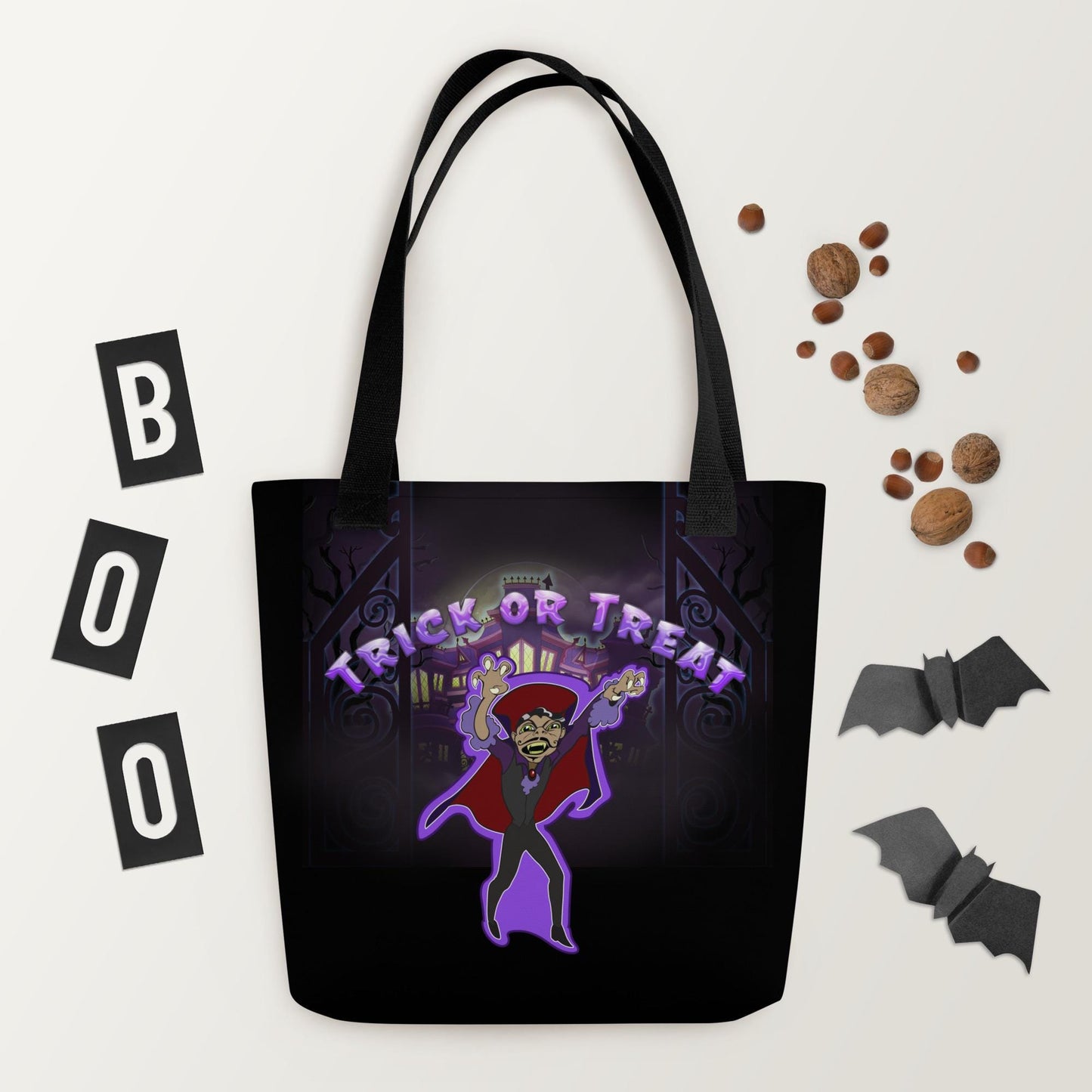Kids Halloween Trick or Treat Tote Bag w Cartoon Vampire & Haunted House w words 'Trick or Treat' Gift for Kids to go Trick-or-Treating (2)