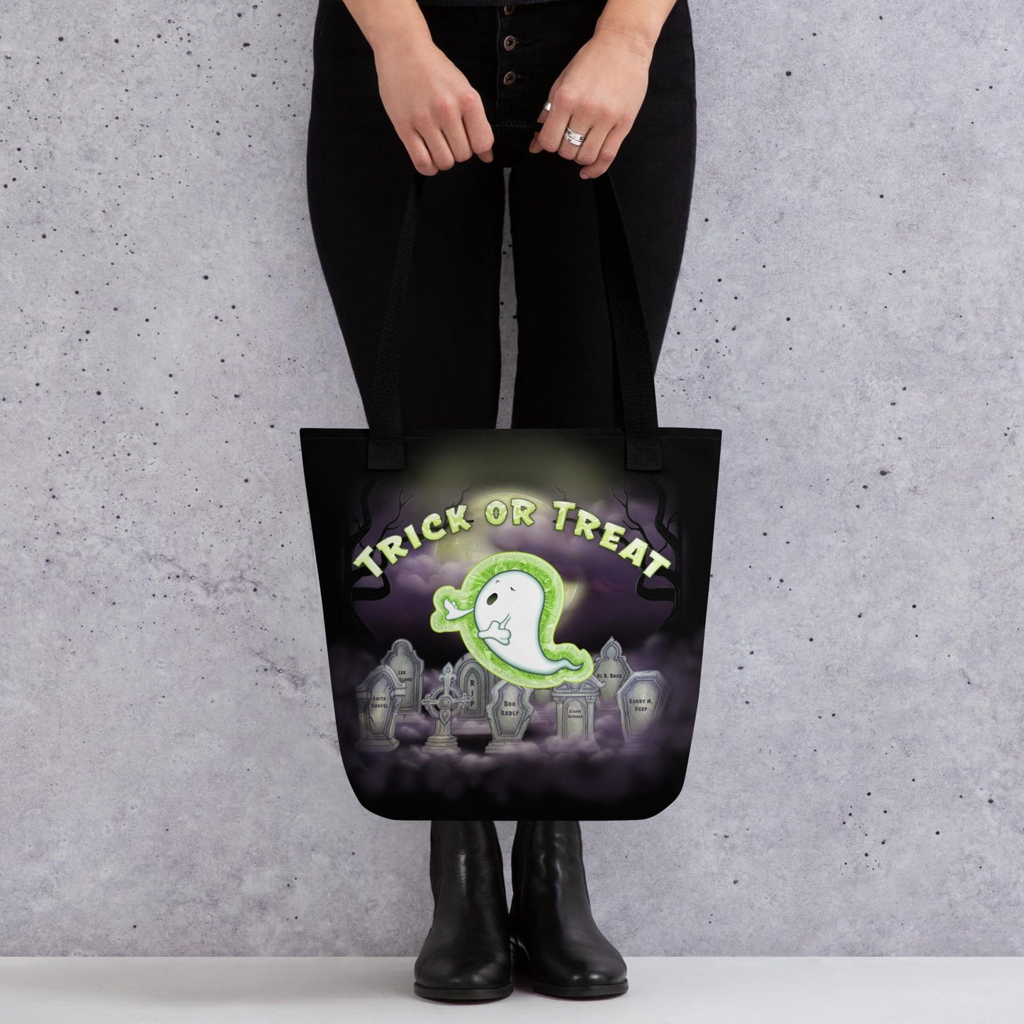 Kids Halloween Trick or Treat Tote Bag w Cute Ghost in Cemetery Graveyard & words 'Trick or Treat' Gift for Kids to go Trick-or-Treating (4)