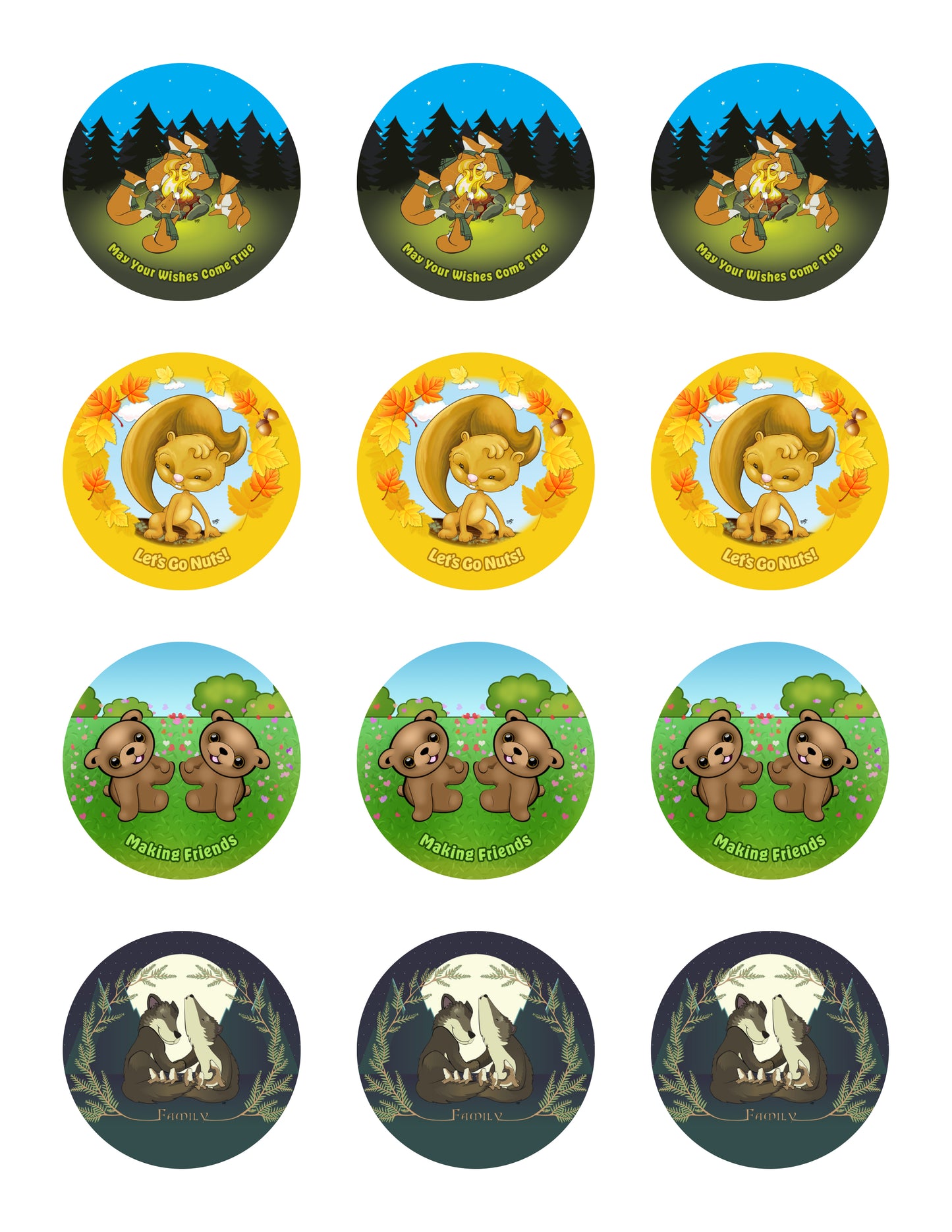 Forest Friends Cartoon Sticker Sheet - 12 stickers (3 of each)