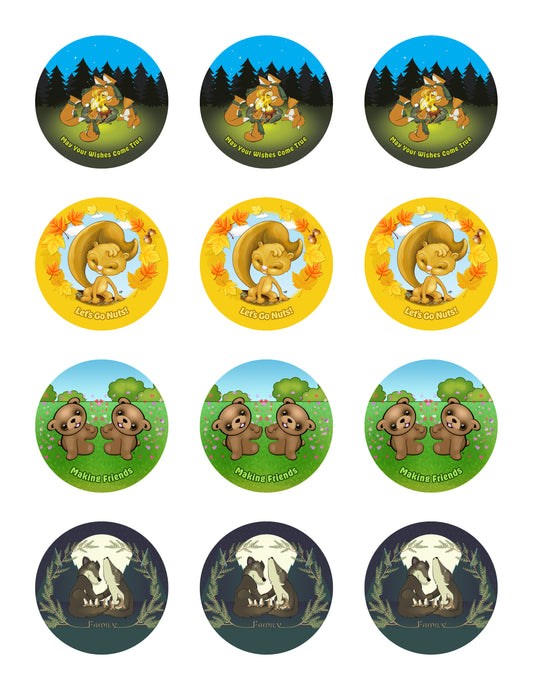 Forest Friends Cartoon Sticker Sheet - 12 stickers (3 of each)